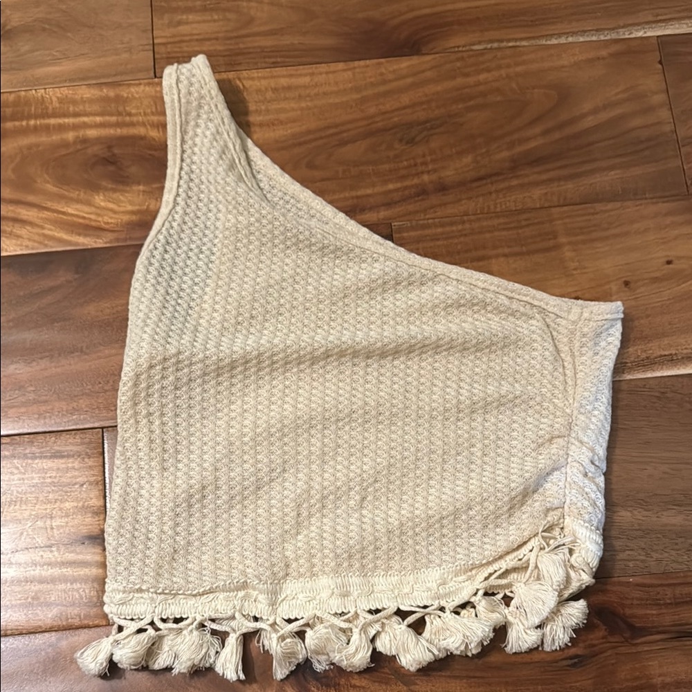 Beige One-Shoulder Crop Top with Tassels